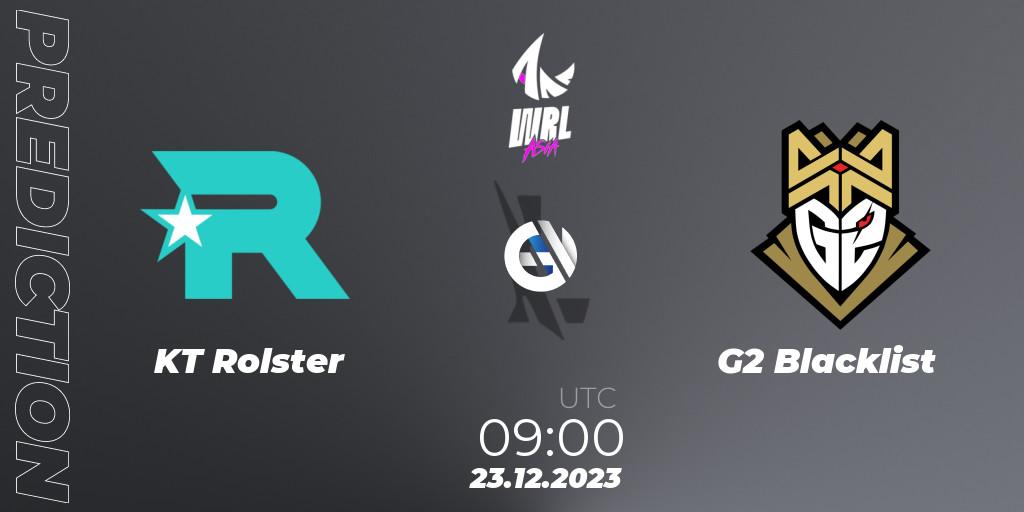 Prognose für das Spiel KT Rolster VS G2 Blacklist. 23.12.2023 at 09:00. Wild Rift - WRL Asia 2023 - Season 2 - Regular Season