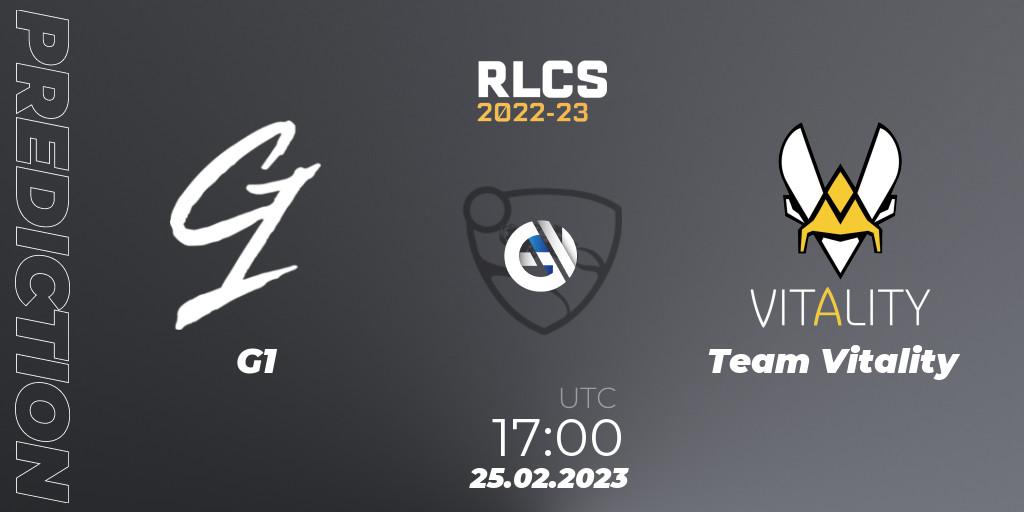 Prognose für das Spiel G1 VS Team Vitality. 25.02.2023 at 17:00. Rocket League - RLCS 2022-23 - Winter: Europe Regional 3 - Winter Invitational