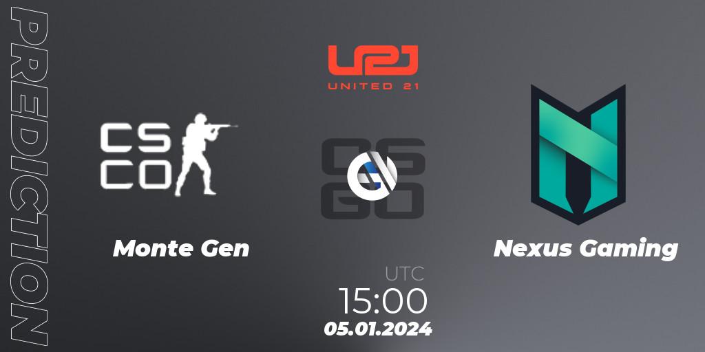 Prognose für das Spiel Monte Gen VS Nexus Gaming. 05.01.2024 at 15:00. Counter-Strike (CS2) - United21 Season 10