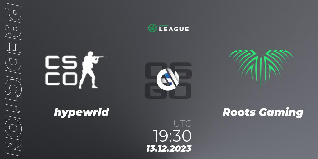 Prognose für das Spiel hypewrld VS Roots Gaming. 13.12.2023 at 17:30. Counter-Strike (CS2) - ESEA Season 47: Intermediate Division - Europe