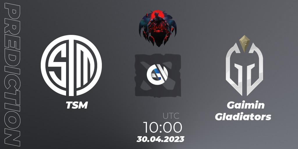 Prognose für das Spiel TSM VS Gaimin Gladiators. 30.04.2023 at 10:00. Dota 2 - The Berlin Major 2023 ESL - Group Stage