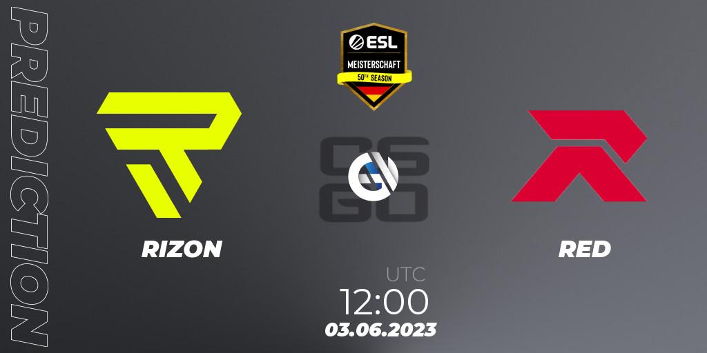 Prognose für das Spiel RIZON VS RED. 03.06.2023 at 12:00. Counter-Strike (CS2) - ESL Meisterschaft Spring 2023: Relegation