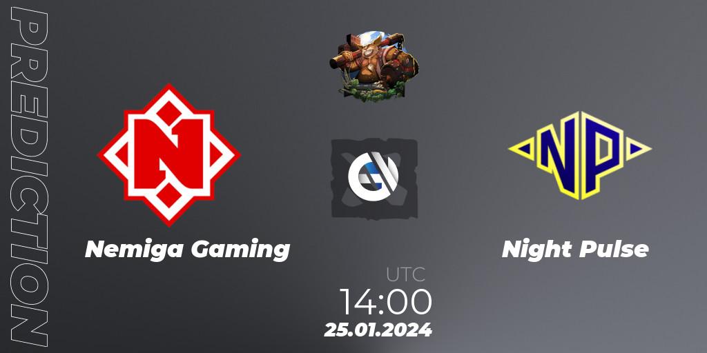 Prognose für das Spiel Nemiga Gaming VS Night Pulse. 25.01.2024 at 14:03. Dota 2 - ESL One Birmingham 2024: Eastern Europe Open Qualifier #2