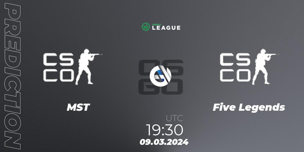 Prognose für das Spiel MST VS Five Legends. 09.03.2024 at 19:30. Counter-Strike (CS2) - ESEA Season 48: Main Division - Europe
