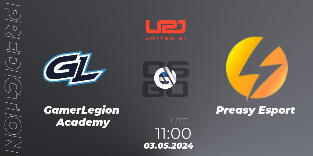 Prognose für das Spiel GamerLegion Academy VS Preasy Esport. 03.05.2024 at 11:00. Counter-Strike (CS2) - United21 Season 15