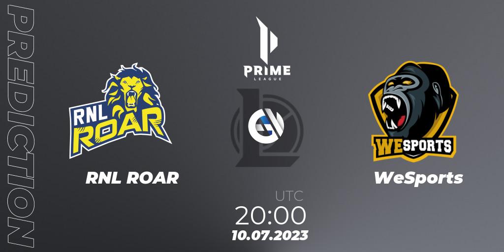 Prognose für das Spiel RNL ROAR VS WeSports. 10.07.2023 at 20:00. LoL - Prime League 2nd Division Summer 2023