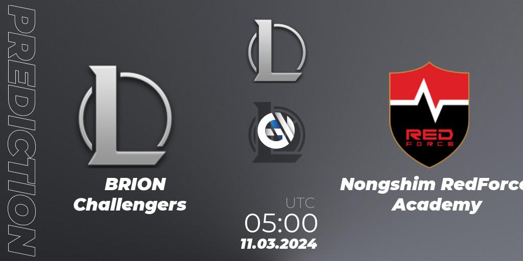 Prognose für das Spiel BRION Challengers VS Nongshim RedForce Academy. 11.03.2024 at 05:00. LoL - LCK Challengers League 2024 Spring - Group Stage