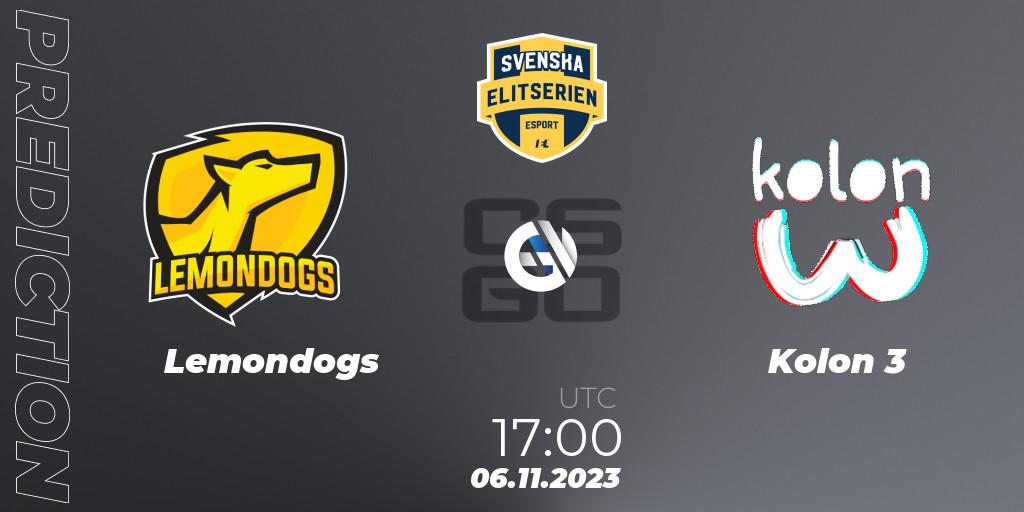 Prognose für das Spiel Lemondogs VS Kolon 3. 06.11.2023 at 17:00. Counter-Strike (CS2) - Svenska Elitserien Fall 2023: Online Stage