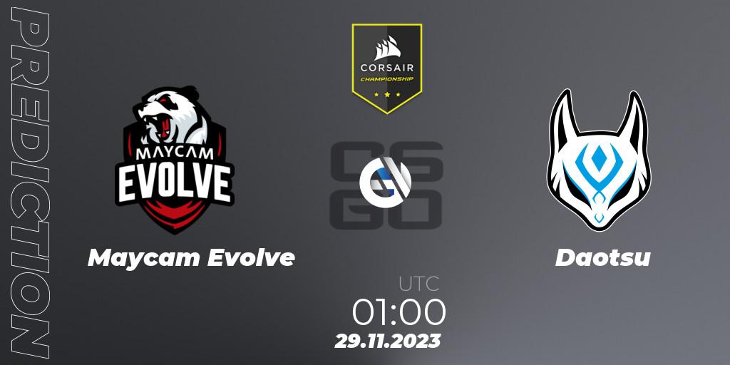 Prognose für das Spiel Maycam Evolve VS Daotsu. 29.11.2023 at 01:00. Counter-Strike (CS2) - Corsair Championship 2023