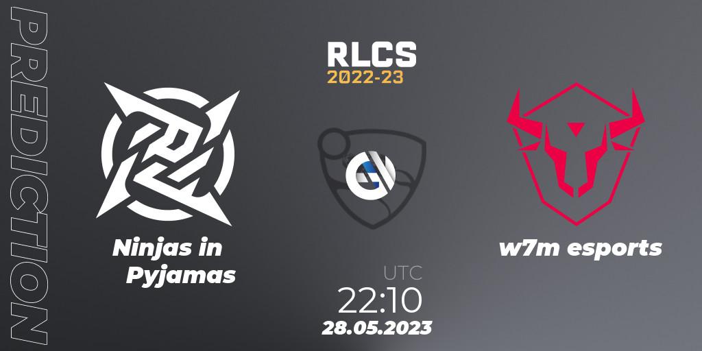 Prognose für das Spiel Ninjas in Pyjamas VS w7m esports. 28.05.2023 at 22:10. Rocket League - RLCS 2022-23 - Spring: South America Regional 2 - Spring Cup