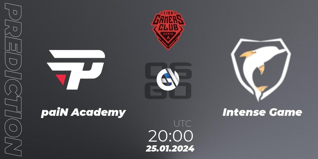 Prognose für das Spiel paiN Academy VS Intense Game. 24.01.2024 at 20:00. Counter-Strike (CS2) - Gamers Club Liga Série A: January 2024