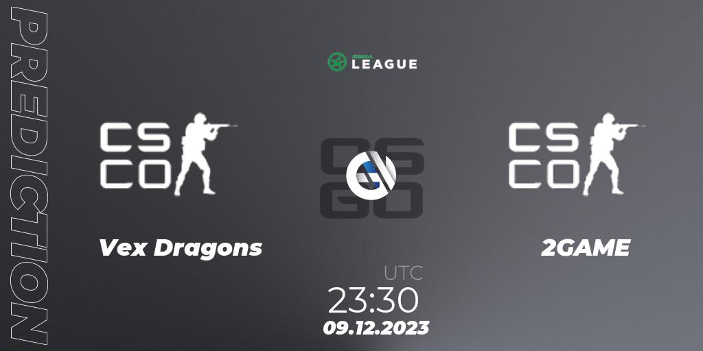 Prognose für das Spiel Vex Dragons VS 2GAME. 11.12.2023 at 19:45. Counter-Strike (CS2) - ESEA Season 47: Open Division - South America
