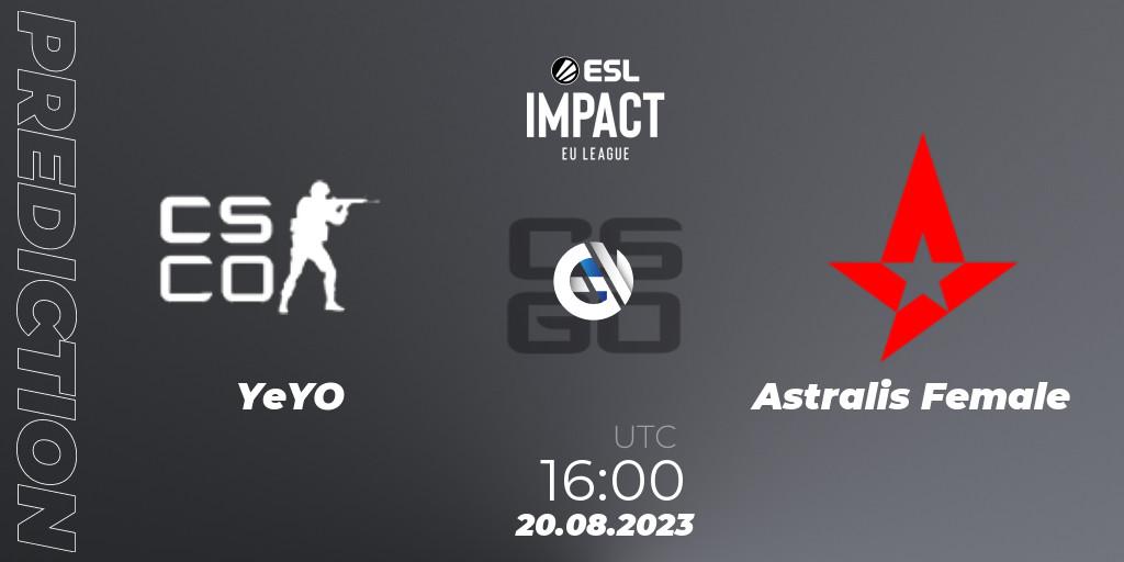 Prognose für das Spiel YeYO VS Astralis Female. 20.08.2023 at 16:00. Counter-Strike (CS2) - ESL Impact League Season 4: European Division - Open Qualifier #1