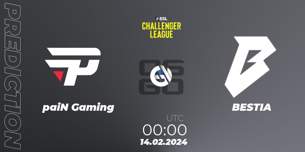 Prognose für das Spiel paiN Gaming VS BESTIA. 14.02.2024 at 00:00. Counter-Strike (CS2) - ESL Challenger League Season 47: South America