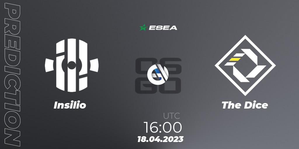 Prognose für das Spiel Insilio VS The Dice. 18.04.2023 at 16:00. Counter-Strike (CS2) - ESEA Season 45: Advanced Division - Europe