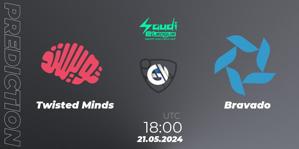 Prognose für das Spiel Twisted Minds VS Bravado. 21.05.2024 at 18:00. Rocket League - Saudi eLeague 2024 - Major 2: Online Major Phase 1