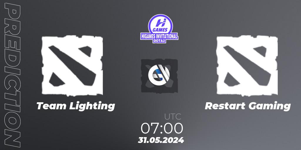 Prognose für das Spiel Team Lighting VS Restart Gaming. 31.05.2024 at 06:00. Dota 2 - HiGames Invitational