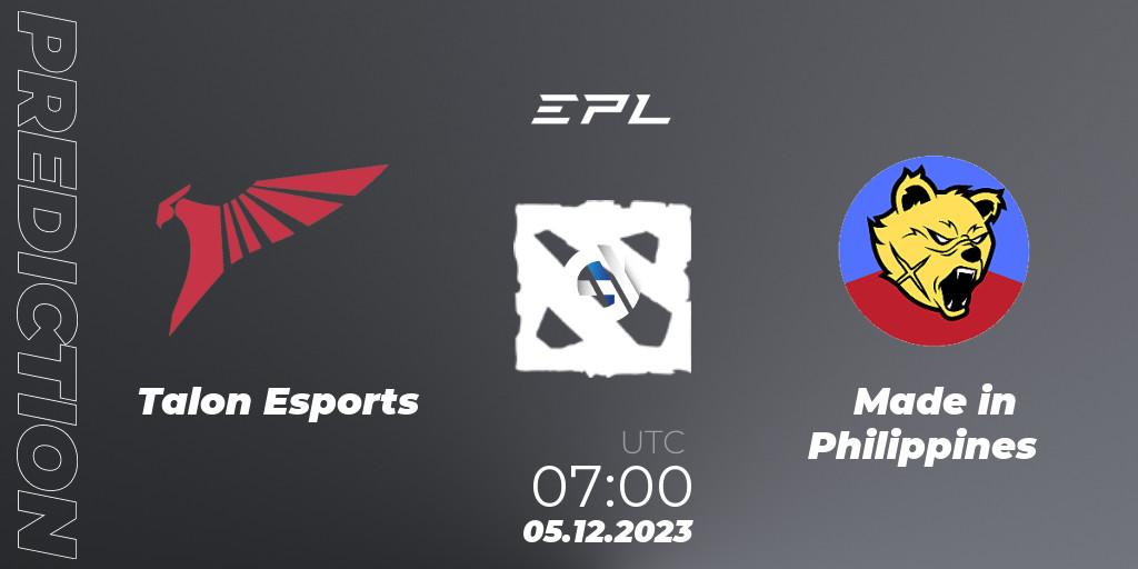 Prognose für das Spiel Talon Esports VS Made in Philippines. 05.12.2023 at 07:05. Dota 2 - EPL World Series: Southeast Asia Season 1