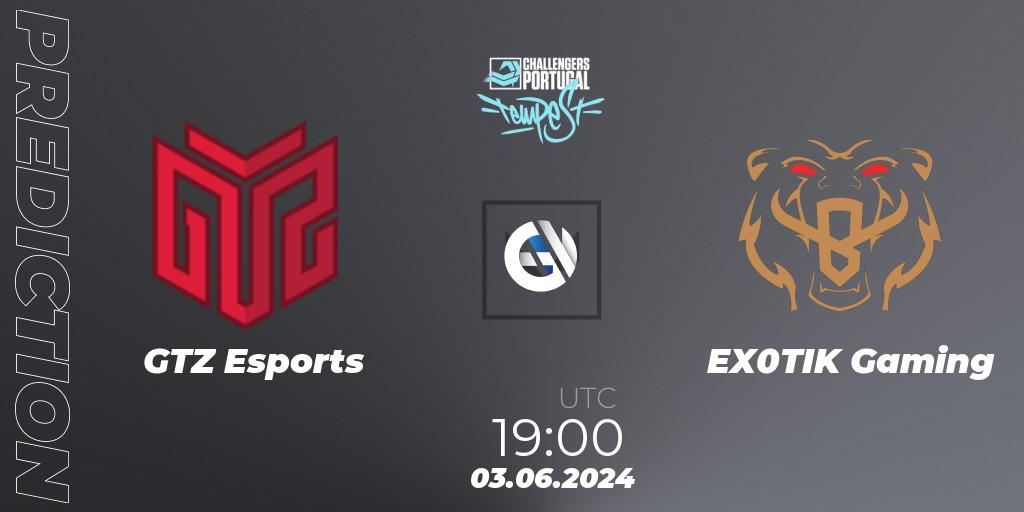 Prognose für das Spiel GTZ Esports VS EX0TIK Gaming. 03.06.2024 at 18:00. VALORANT - VALORANT Challengers 2024 Portugal: Tempest Split 2