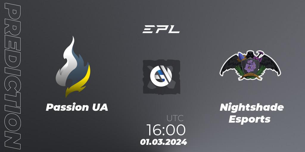 Prognose für das Spiel Passion UA VS Nightshade Esports. 01.03.2024 at 16:02. Dota 2 - European Pro League Season 17: Division 2