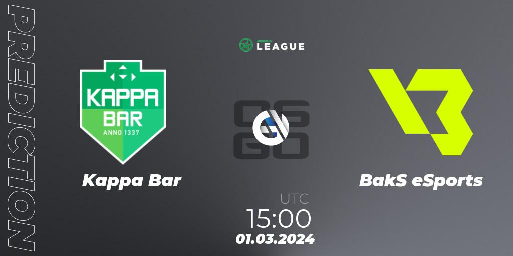 Prognose für das Spiel Kappa Bar VS BakS eSports. 01.03.2024 at 15:00. Counter-Strike (CS2) - ESEA Season 48: Advanced Division - Europe