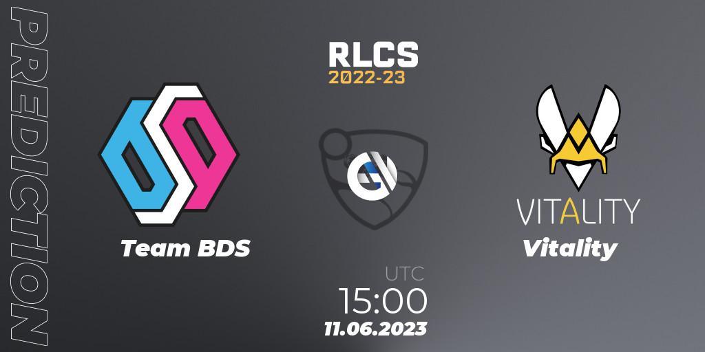 Prognose für das Spiel Team BDS VS Vitality. 11.06.2023 at 15:00. Rocket League - RLCS 2022-23 - Spring: Europe Regional 3 - Spring Invitational