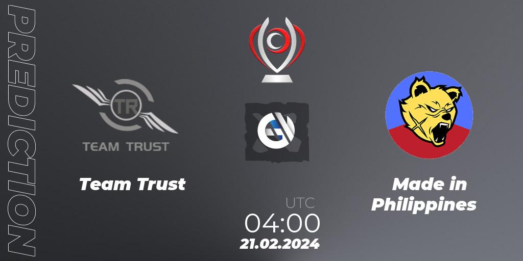 Prognose für das Spiel Team Trust VS Made in Philippines. 21.02.2024 at 03:59. Dota 2 - Opus League