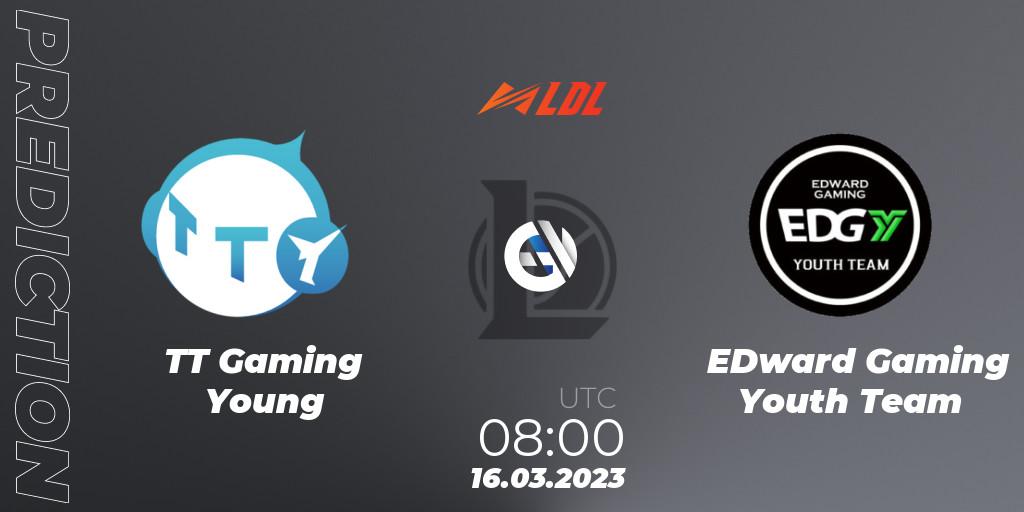 Prognose für das Spiel TT Gaming Young VS EDward Gaming Youth Team. 16.03.2023 at 08:00. LoL - LDL 2023 - Regular Season