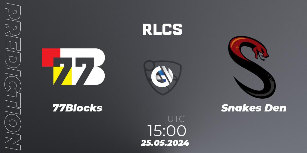 Prognose für das Spiel 77Blocks VS Snakes Den. 25.05.2024 at 15:00. Rocket League - RLCS 2024 - Major 2: SSA Open Qualifier 6