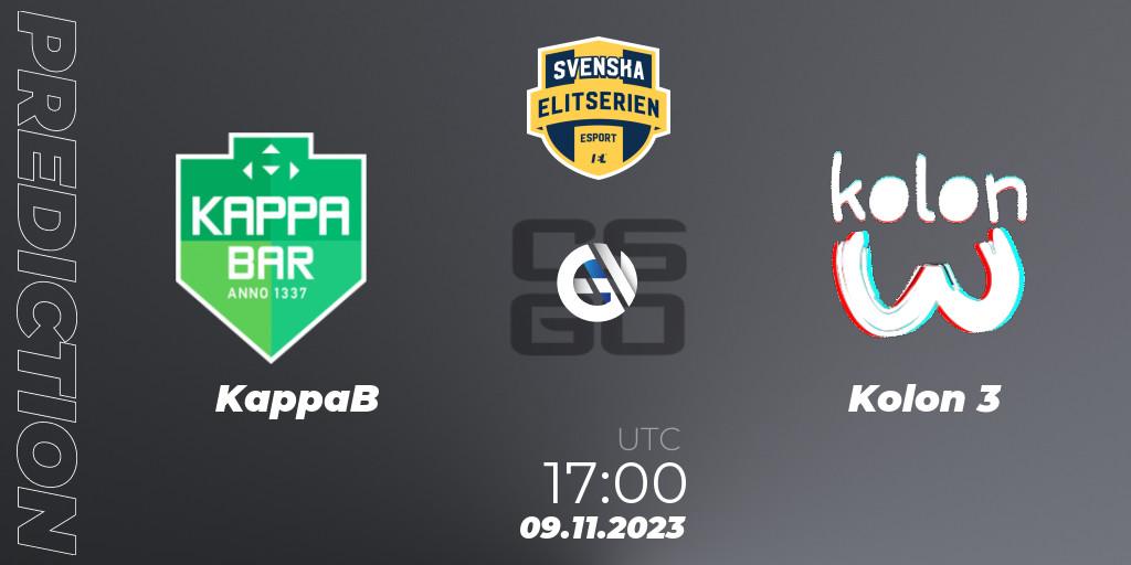 Prognose für das Spiel KappaB VS Kolon 3. 09.11.2023 at 17:00. Counter-Strike (CS2) - Svenska Elitserien Fall 2023: Online Stage