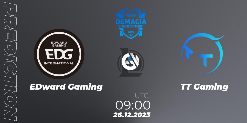 Prognose für das Spiel EDward Gaming VS TT Gaming. 26.12.2023 at 09:00. LoL - Demacia Cup 2023 Group Stage