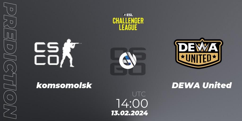 Prognose für das Spiel komsomolsk VS DEWA United. 13.02.2024 at 14:00. Counter-Strike (CS2) - ESL Challenger League Season 47: Asia