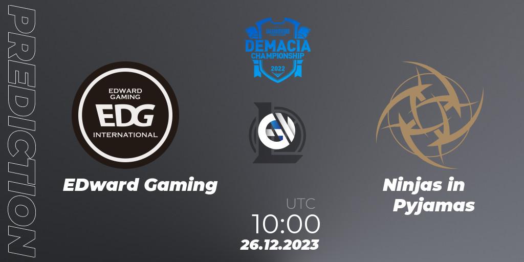 Prognose für das Spiel EDward Gaming VS Ninjas in Pyjamas. 26.12.23. LoL - Demacia Cup 2023 Group Stage