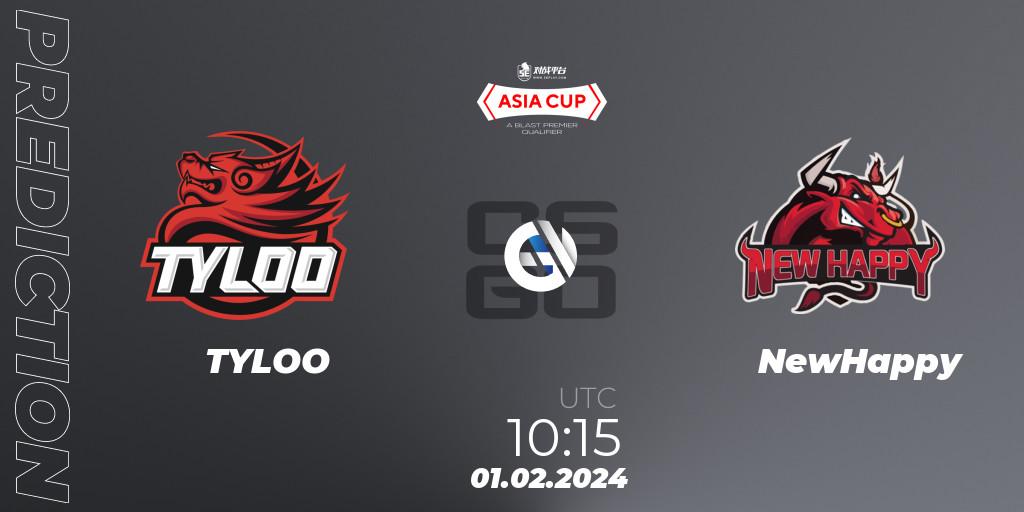 Prognose für das Spiel TYLOO VS NewHappy. 01.02.2024 at 10:30. Counter-Strike (CS2) - 5E Arena Asia Cup Spring 2024 - BLAST Premier Qualifier