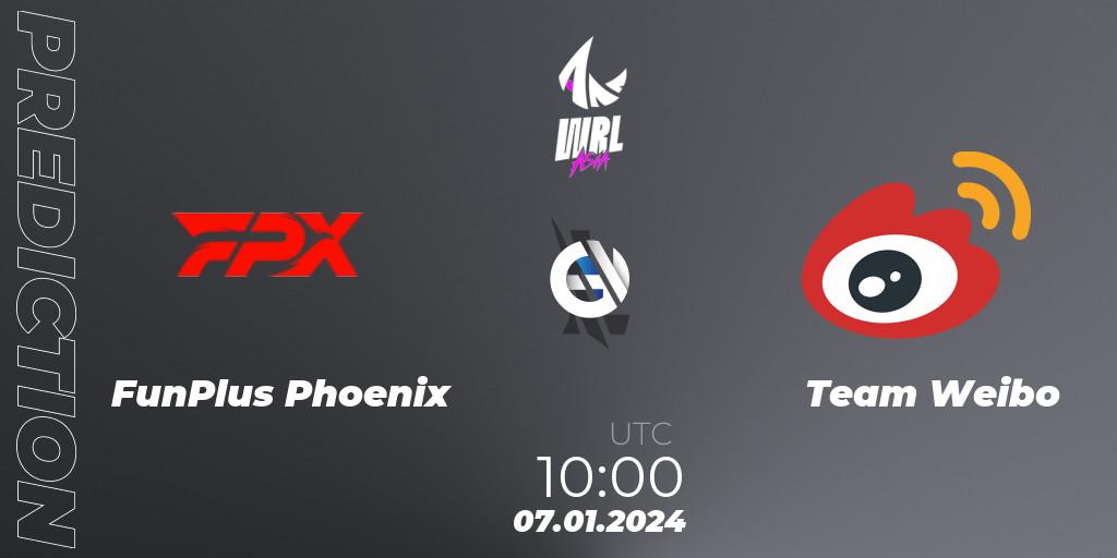 Prognose für das Spiel FunPlus Phoenix VS Team Weibo. 07.01.2024 at 10:00. Wild Rift - WRL Asia 2023 - Season 2: China Conference