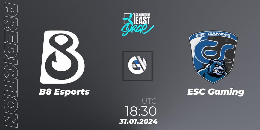 Prognose für das Spiel B8 Esports VS ESC Gaming. 31.01.24. VALORANT - VALORANT Challengers 2024 East: Surge Split 1