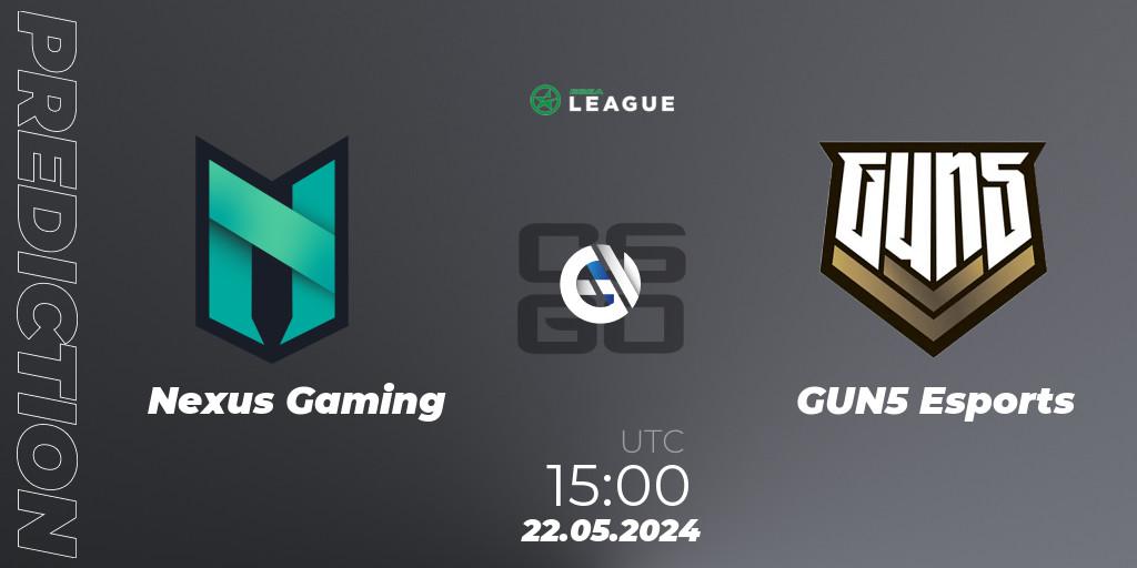 Prognose für das Spiel Nexus Gaming VS GUN5 Esports. 22.05.2024 at 15:00. Counter-Strike (CS2) - ESEA Season 49: Advanced Division - Europe