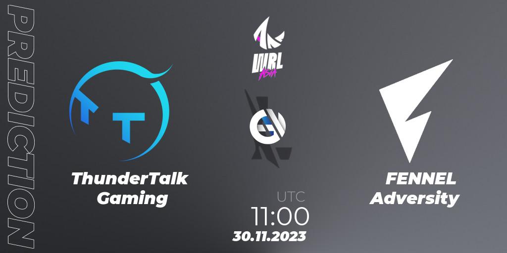 Prognose für das Spiel ThunderTalk Gaming VS FENNEL Adversity. 30.11.2023 at 11:00. Wild Rift - WRL Asia 2023 - Season 2 - Regular Season