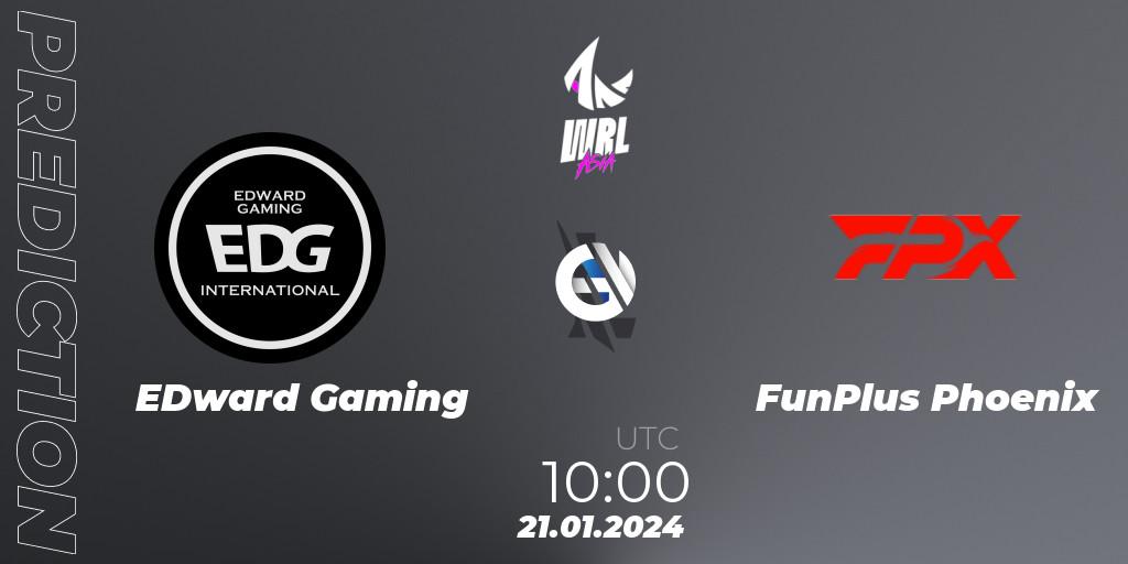 Prognose für das Spiel EDward Gaming VS FunPlus Phoenix. 21.01.2024 at 10:00. Wild Rift - WRL Asia 2023 - Season 2: China Conference