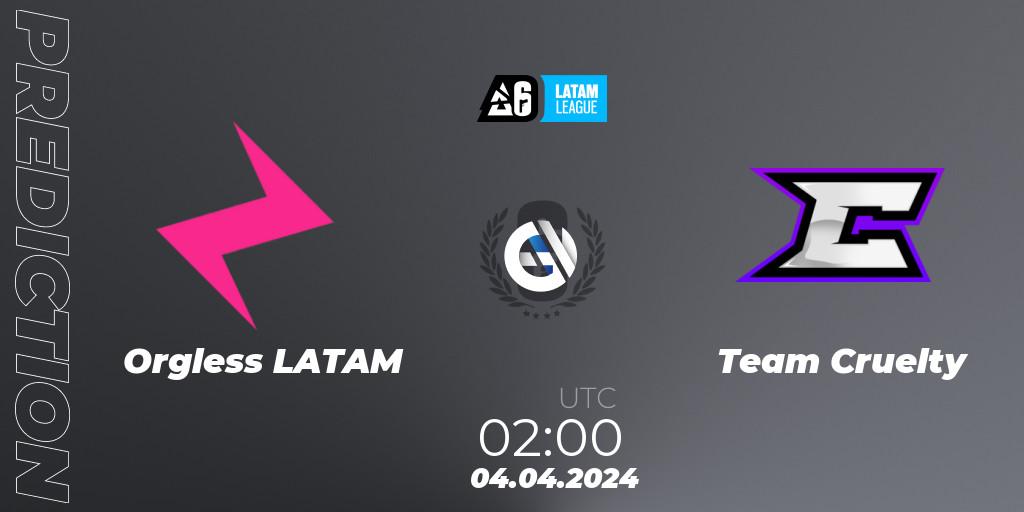 Prognose für das Spiel Orgless LATAM VS Team Cruelty. 04.04.2024 at 02:00. Rainbow Six - LATAM League 2024 - Stage 1: LATAM North