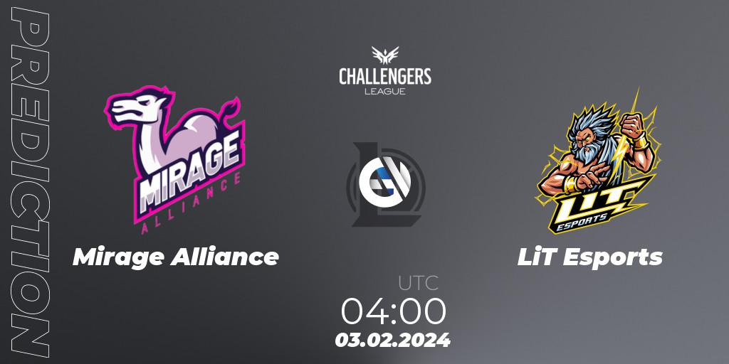 Prognose für das Spiel Mirage Alliance VS LiT Esports. 03.02.2024 at 04:00. LoL - NACL 2024 Spring - Group Stage