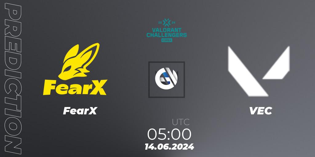 Prognose für das Spiel FearX VS VEC. 14.06.2024 at 05:00. VALORANT - VALORANT Challengers 2024 Korea: Split 2