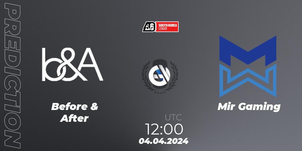 Prognose für das Spiel Before & After VS Mir Gaming. 05.04.2024 at 12:00. Rainbow Six - South Korea League 2024 - Stage 1