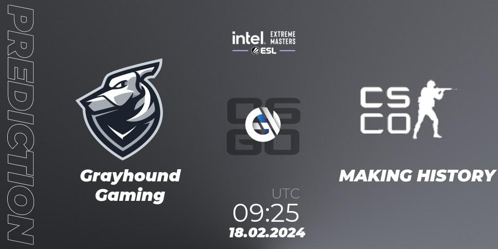 Prognose für das Spiel Grayhound Gaming VS MAKING HISTORY. 18.02.2024 at 09:25. Counter-Strike (CS2) - Intel Extreme Masters Dallas 2024: Oceanic Open Qualifier #1
