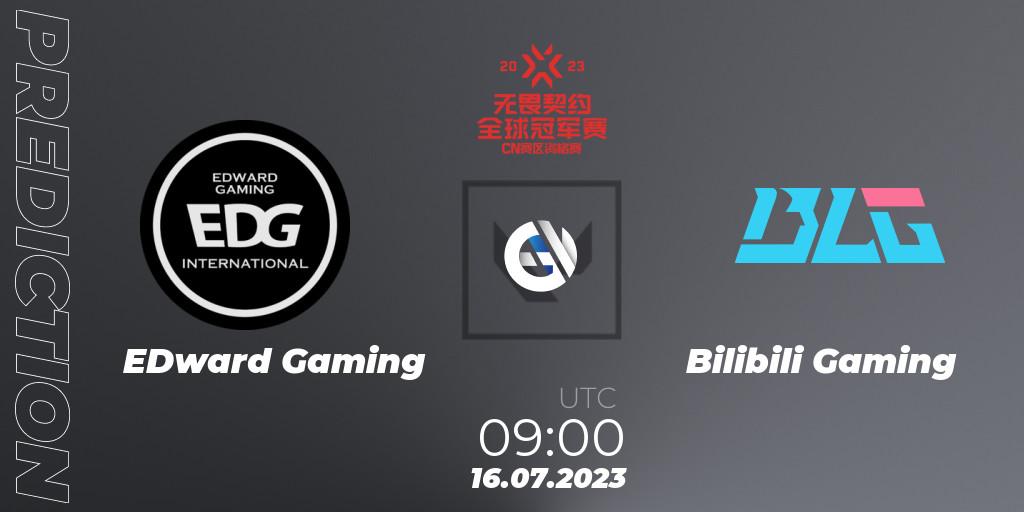 Prognose für das Spiel EDward Gaming VS Bilibili Gaming. 16.07.2023 at 09:15. VALORANT - VALORANT Champions Tour 2023: China Qualifier