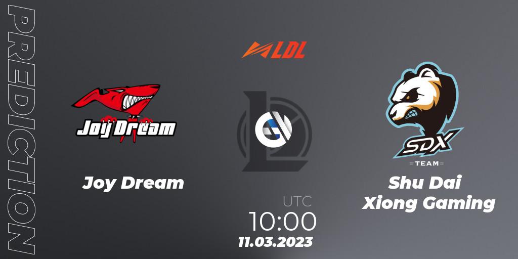 Prognose für das Spiel Joy Dream VS Shu Dai Xiong Gaming. 11.03.2023 at 10:00. LoL - LDL 2023 - Regular Season