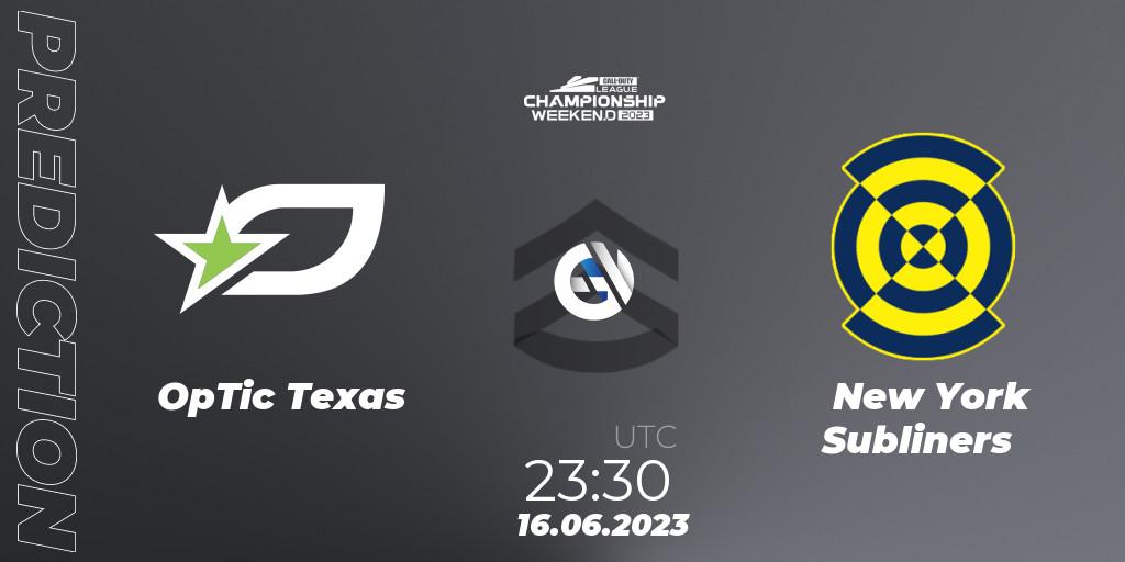 Prognose für das Spiel OpTic Texas VS New York Subliners. 16.06.2023 at 23:30. Call of Duty - Call of Duty League Championship 2023