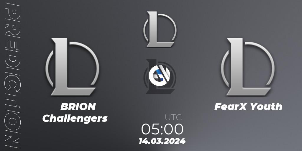 Prognose für das Spiel BRION Challengers VS FearX Youth. 14.03.2024 at 05:00. LoL - LCK Challengers League 2024 Spring - Group Stage