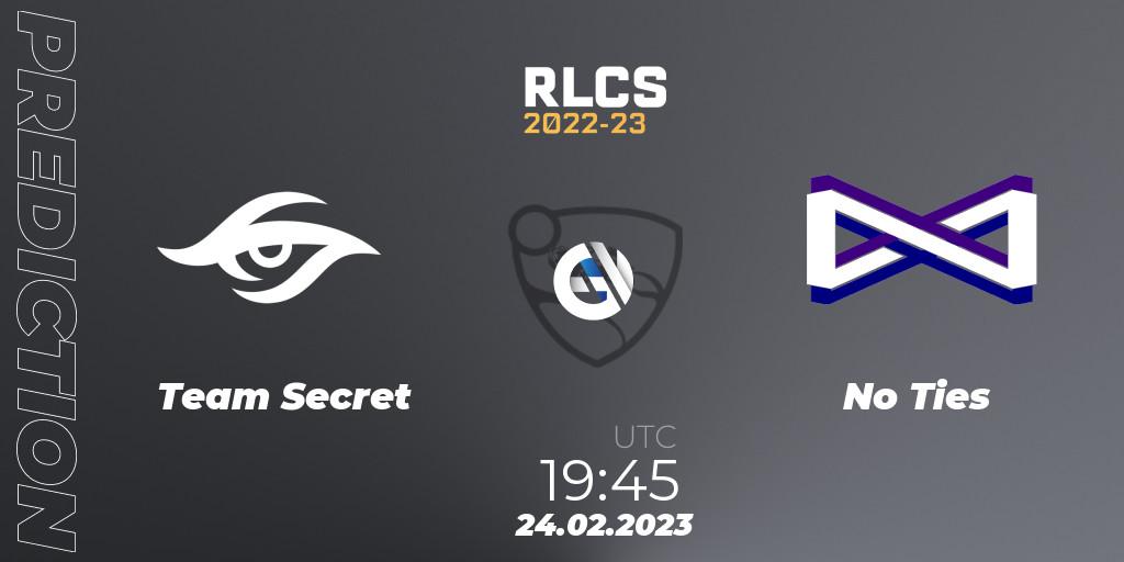 Prognose für das Spiel Team Secret VS No Ties. 24.02.2023 at 19:45. Rocket League - RLCS 2022-23 - Winter: South America Regional 3 - Winter Invitational