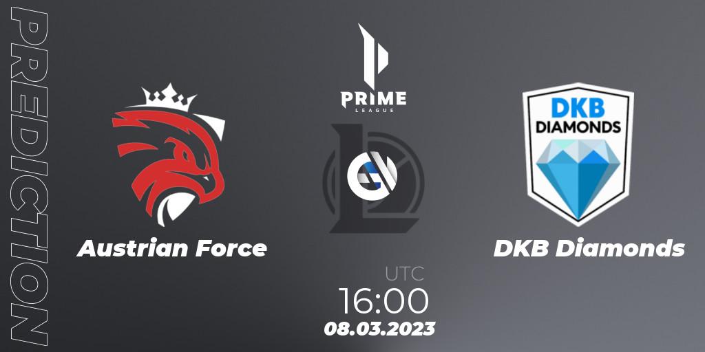 Prognose für das Spiel Austrian Force VS DKB Diamonds. 08.03.2023 at 17:00. LoL - Prime League 2nd Division Spring 2023 - Playoffs